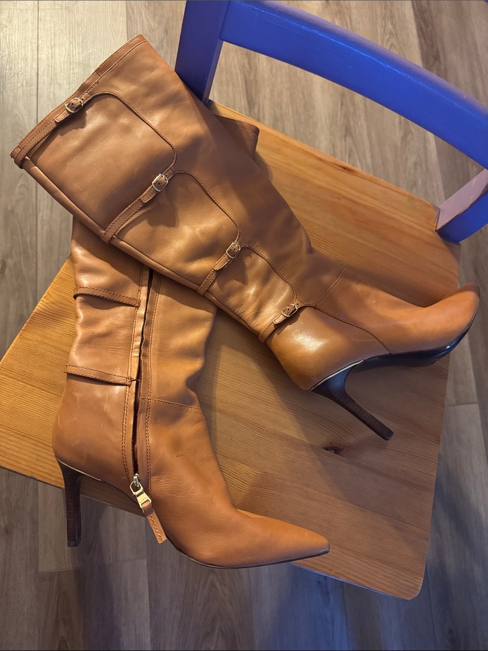 Ralph Lauren Cognac Leather Knee-High Stiletto Boots